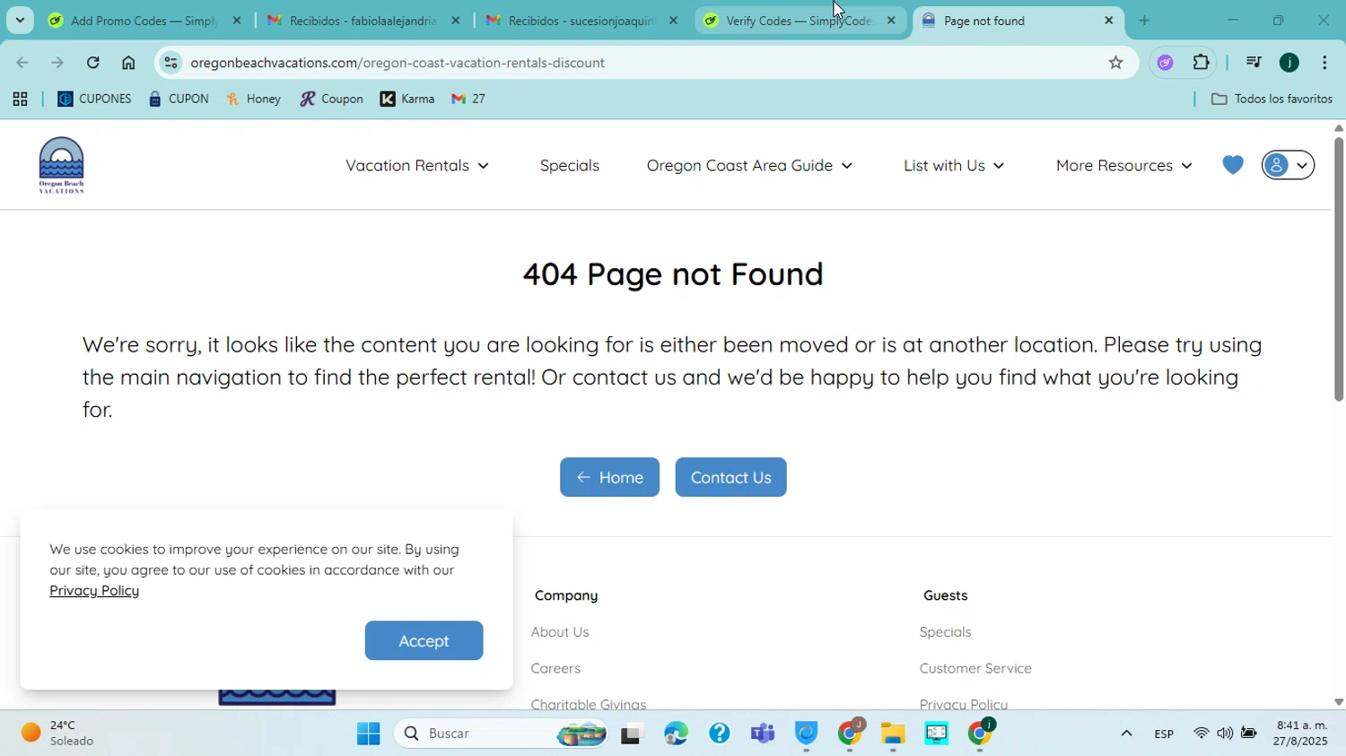 Oregon Beach Vacations promo code screenshot showing code PELICAN20 applied at Oregon Beach Vacations checkout page. Uploaded by SimplyCodes community member jorgejavierherrera on Aug 27, 2025
