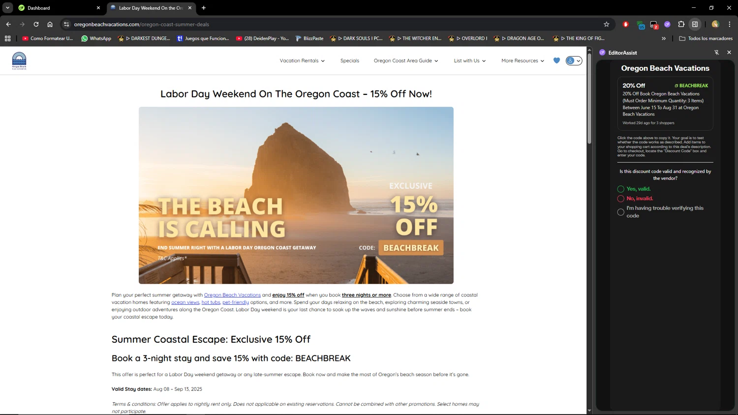 Oregon Beach Vacations promo code screenshot showing code BEACHBREAK applied at Oregon Beach Vacations checkout page. Uploaded by SimplyCodes community member MiauMiau on Sep 5, 2025