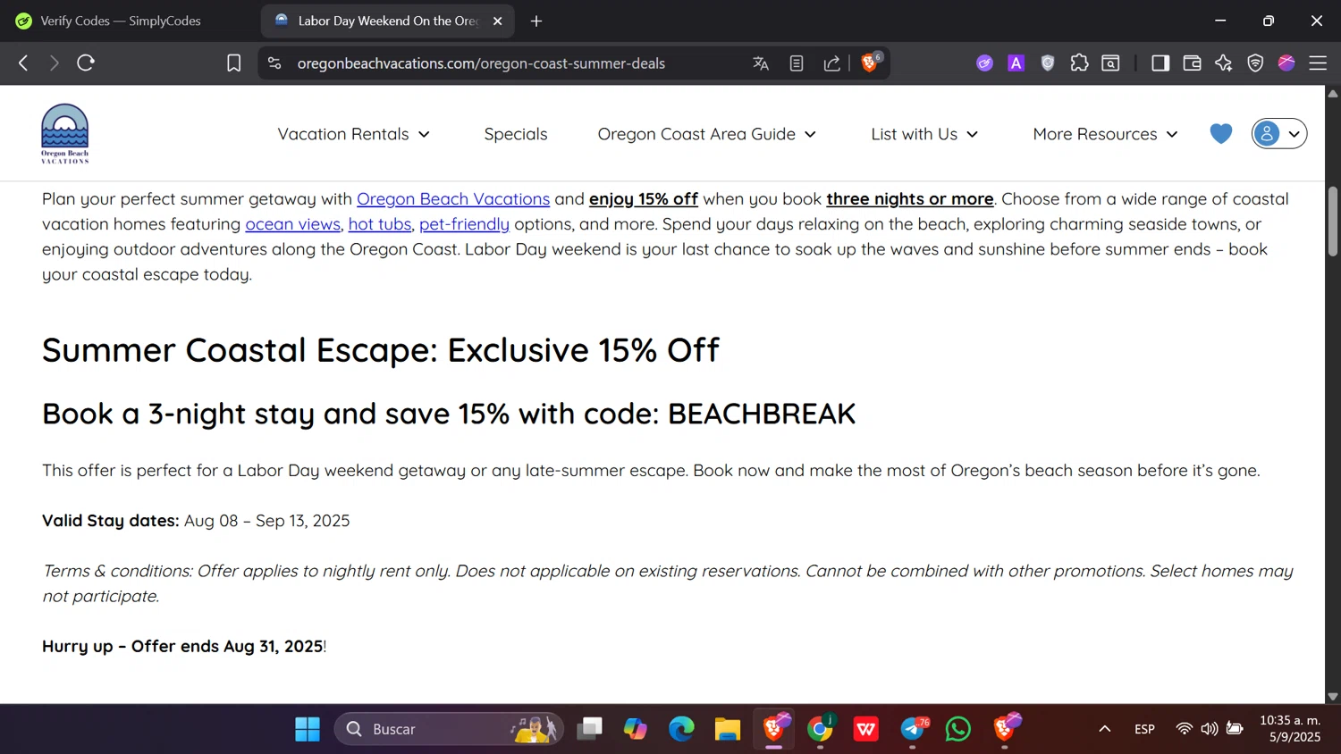Oregon Beach Vacations promo code screenshot showing code BEACHBREAK applied at Oregon Beach Vacations checkout page. Uploaded by SimplyCodes community member hanzell2 on Sep 5, 2025