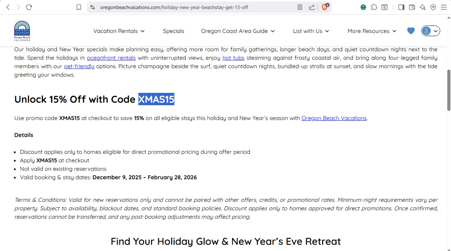 Oregon Beach Vacations promo code screenshot showing code XMAS15 applied at Oregon Beach Vacations checkout page. Uploaded by SimplyCodes community member dayselis15 on Dec 16, 2025