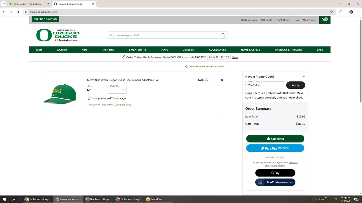 Oregon Ducks Store promo code screenshot showing code 25NOMIN applied at Oregon Ducks Store checkout page. Uploaded by SimplyCodes community member Levi_Ackerman on Dec 7, 2025