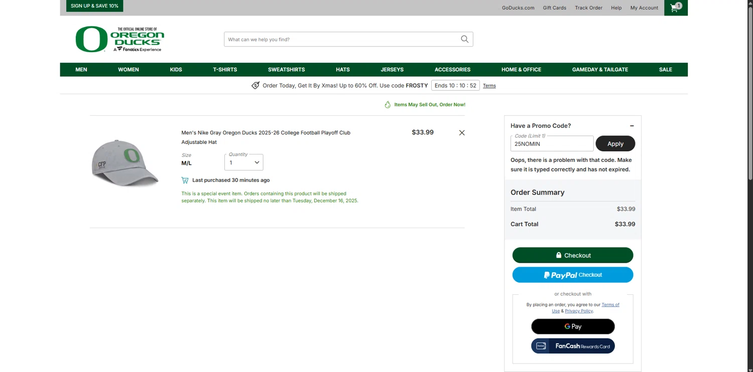 Oregon Ducks Store promo code screenshot showing code 25NOMIN applied at Oregon Ducks Store checkout page. Uploaded by SimplyCodes community member SwiftCurator5517 on Dec 7, 2025