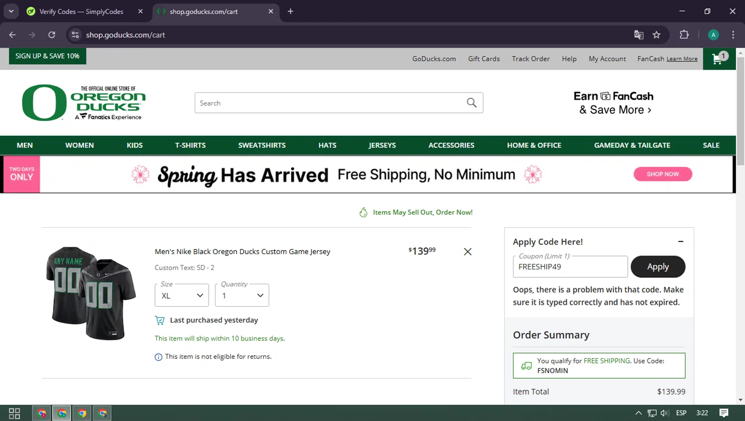 Oregon Ducks Store promo code screenshot showing code FREESHIP49 applied at Oregon Ducks Store checkout page. Uploaded by SimplyCodes community member CarlOz on Mar 14, 2025
