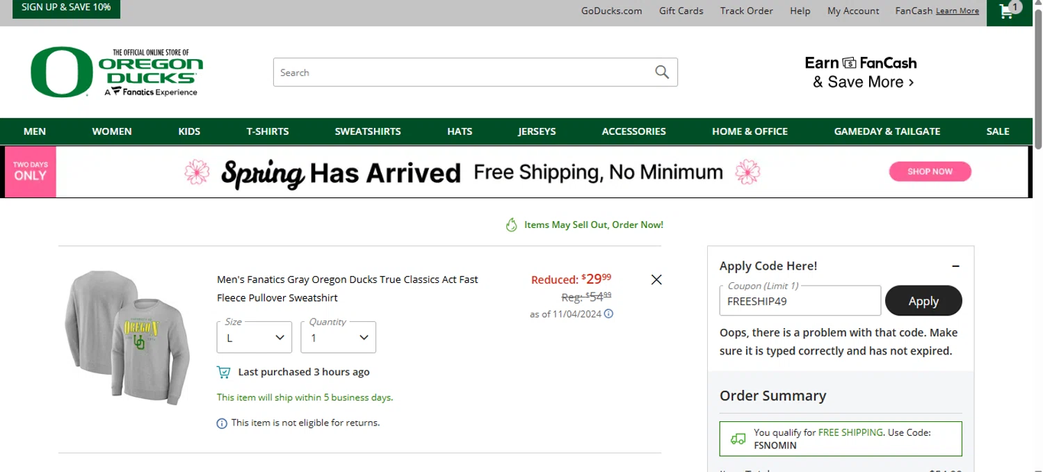 Oregon Ducks Store promo code screenshot showing code FREESHIP49 applied at Oregon Ducks Store checkout page. Uploaded by SimplyCodes community member UroborosLegacy on Mar 14, 2025