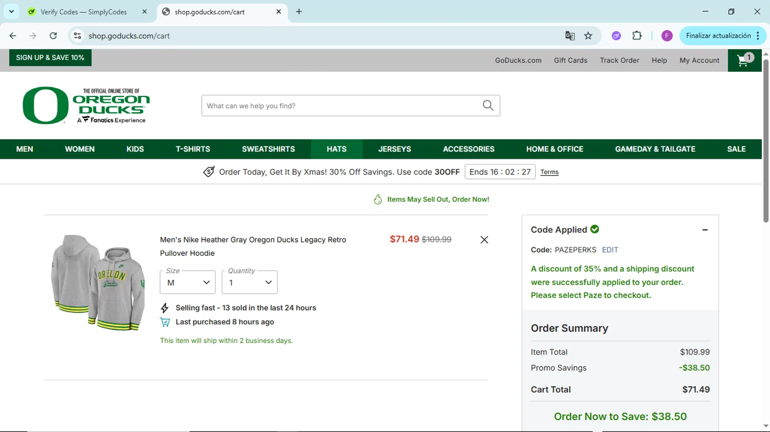 Oregon Ducks Store promo code screenshot showing code PAZEPERKS applied at Oregon Ducks Store checkout page. Uploaded by SimplyCodes community member ShieldTitan6985 on Dec 15, 2025