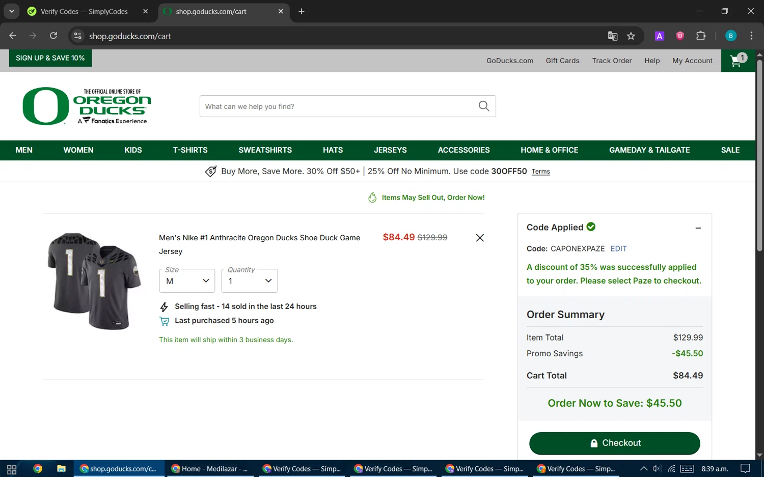 Oregon Ducks Store promo code screenshot showing code CAPONEXPAZE applied at Oregon Ducks Store checkout page. Uploaded by SimplyCodes community member CleverPilot5845 on Dec 2, 2025