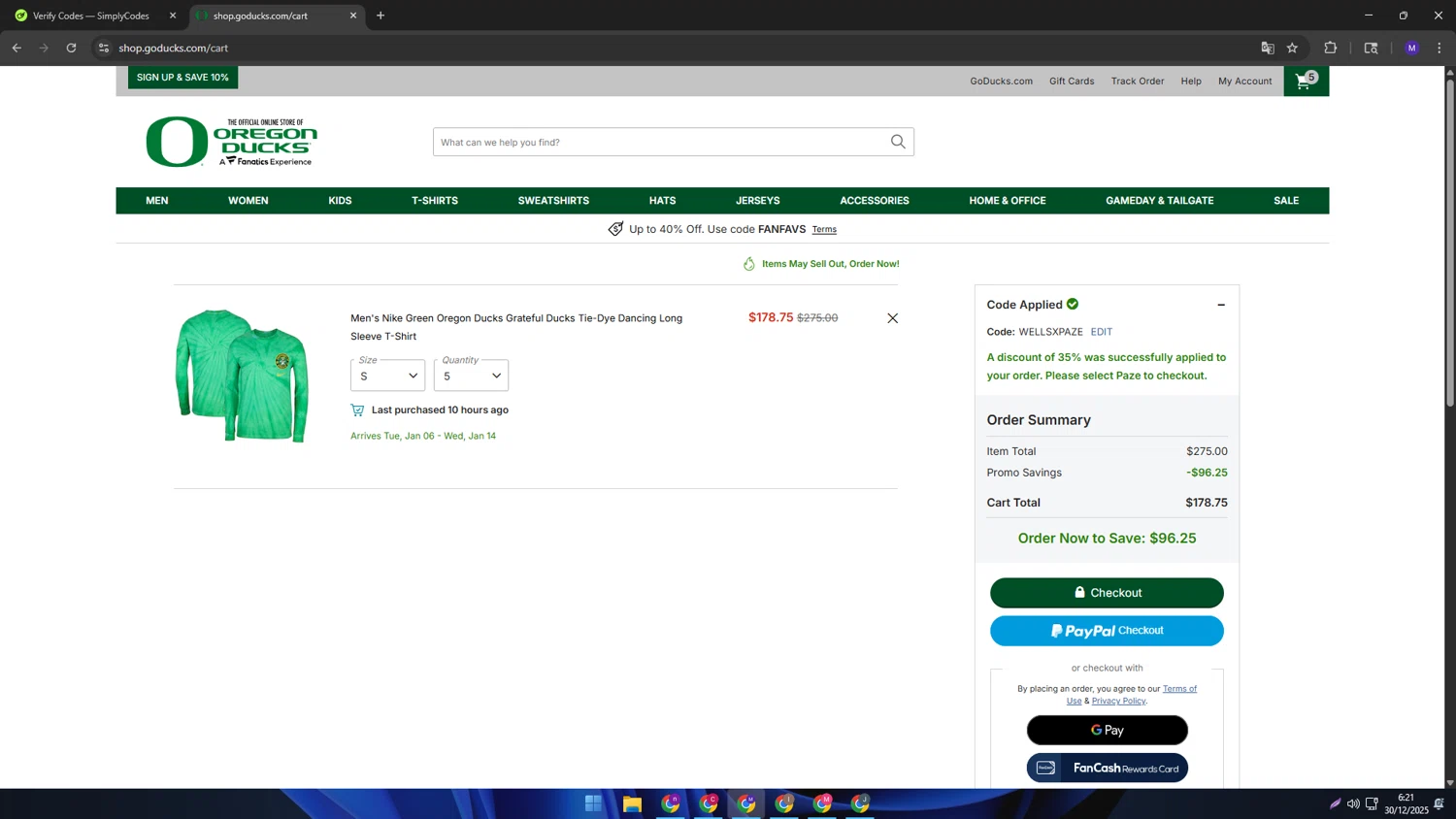 Oregon Ducks Store checkout page showing Oregon Ducks Store promo code box | Screenshot taken by SimplyCodes community member on Dec 30, 2025