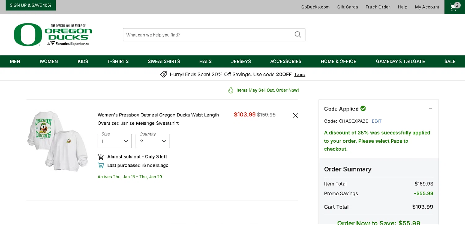 Oregon Ducks Store checkout page showing Oregon Ducks Store promo code box | Screenshot taken by SimplyCodes community member on Dec 31, 2025