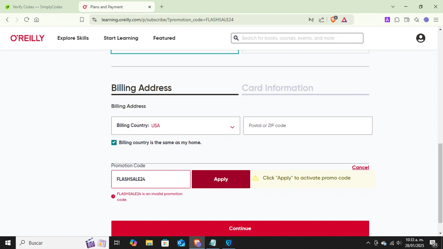 O'Reilly coupon code screenshot showing code FLASHSALE24 applied at O'Reilly checkout page. Uploaded by SimplyCodes community member MightyLynx2818 on Jan 28, 2025