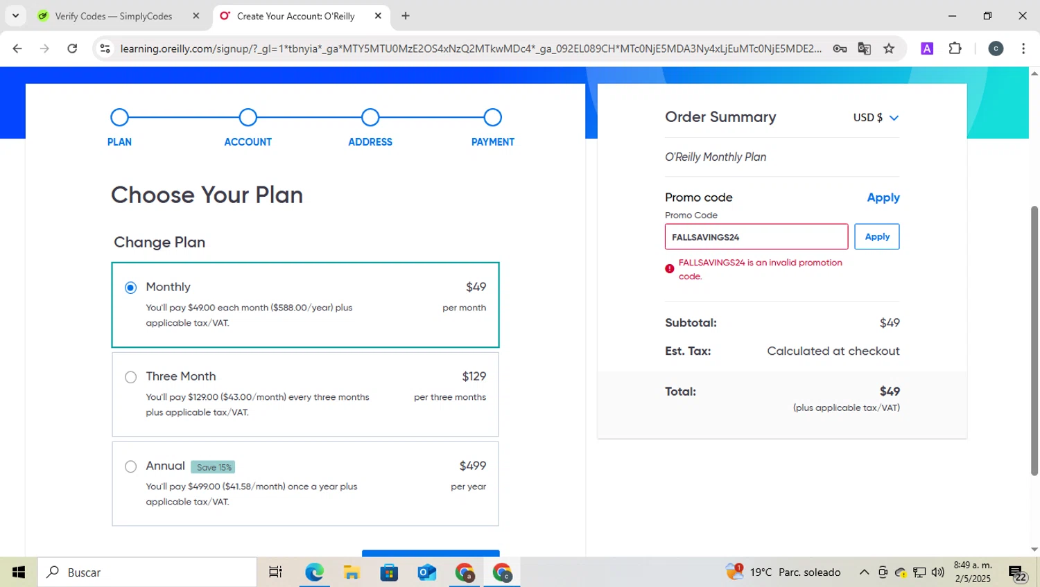 O'Reilly coupon code screenshot showing code FALLSAVINGS24 applied at O'Reilly checkout page. Uploaded by SimplyCodes community member SilverSeeker255 on May 2, 2025