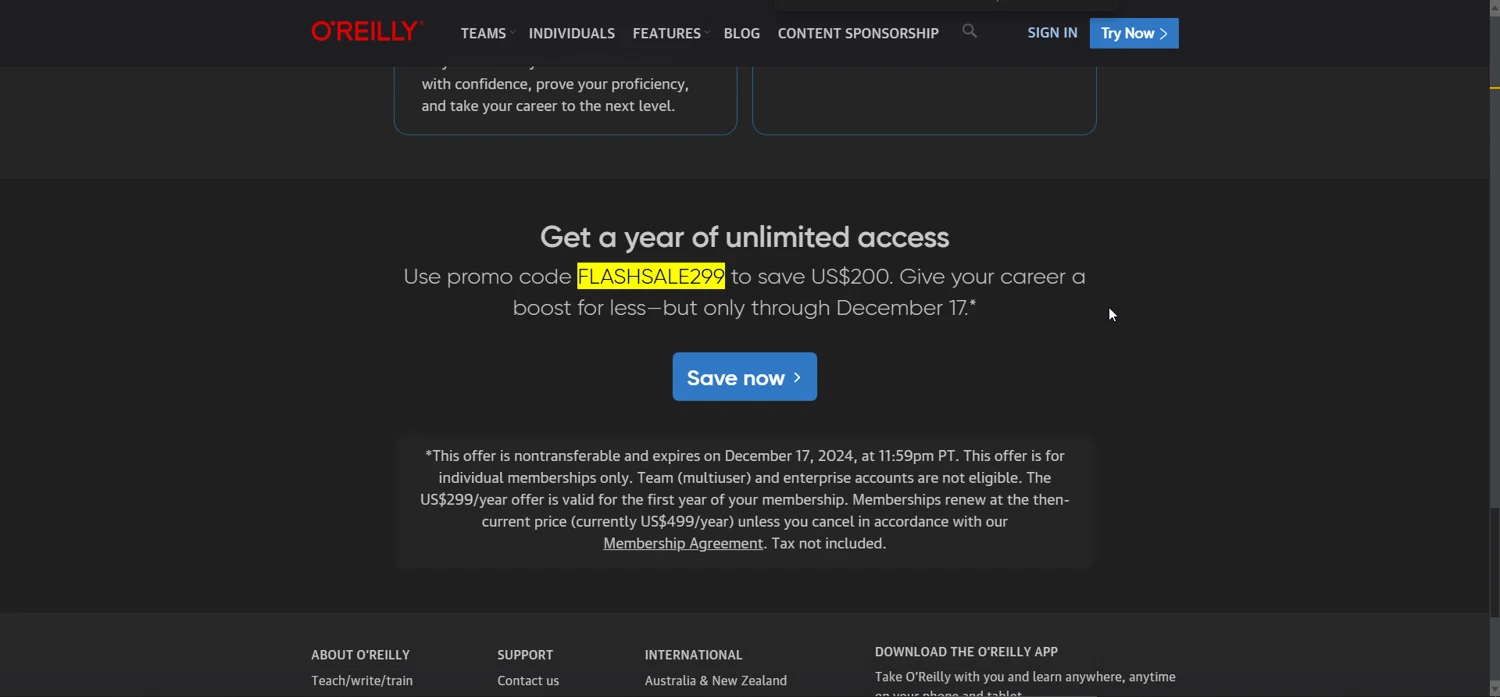 O'Reilly coupon code screenshot showing code FLASHSALE299 applied at O'Reilly checkout page. Uploaded by SimplyCodes community member Ryukyu on Jan 19, 2025