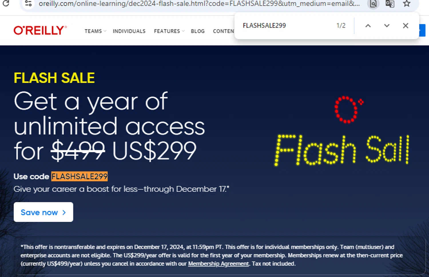 O'Reilly coupon code screenshot showing code FLASHSALE299 applied at O'Reilly checkout page. Uploaded by SimplyCodes community member PennyOwl2559 on Jan 19, 2025