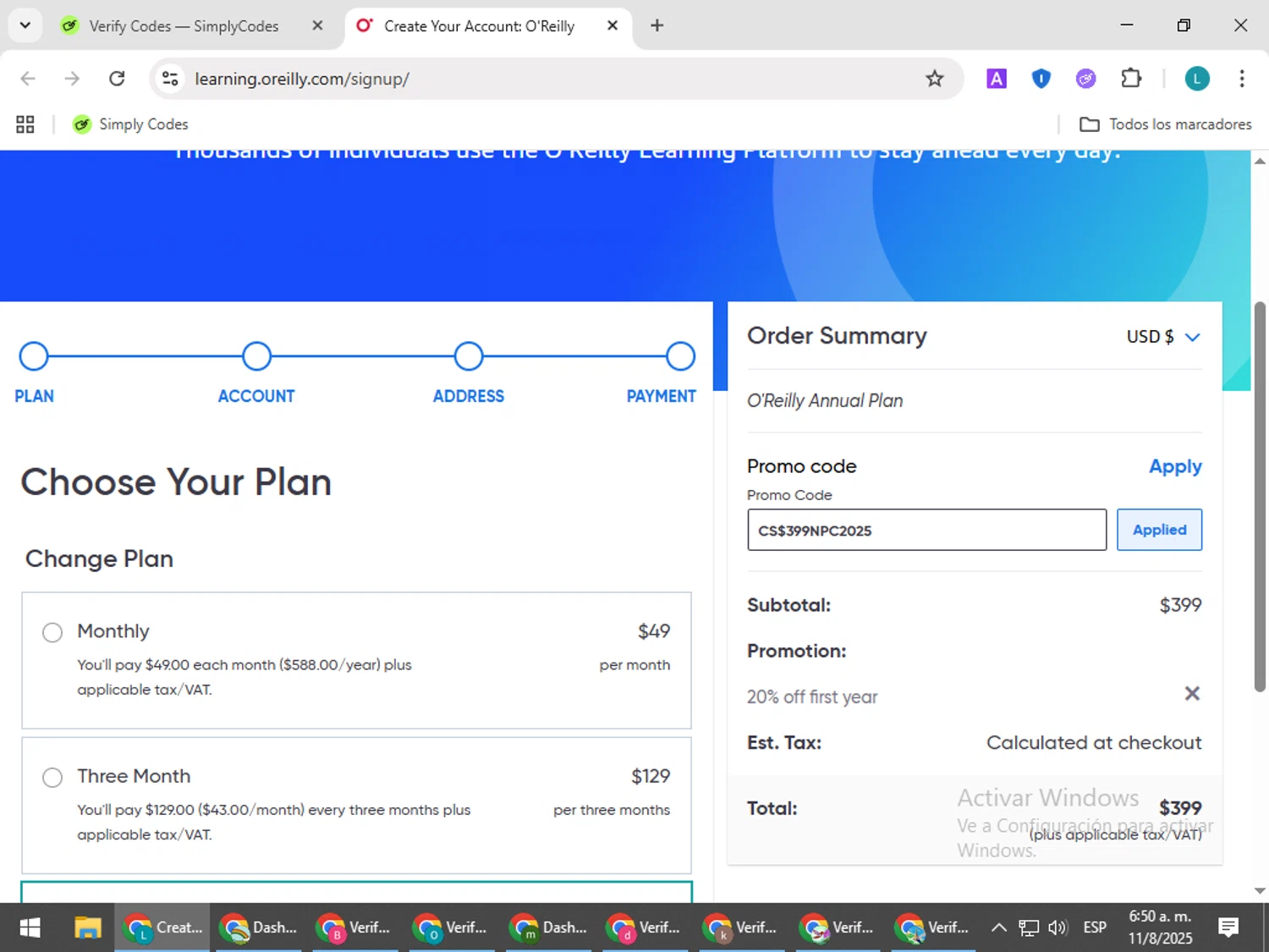 O'Reilly coupon code screenshot showing code CS$399NPC2025 applied at O'Reilly checkout page. Uploaded by SimplyCodes community member LuckyLegend792 on Aug 11, 2025