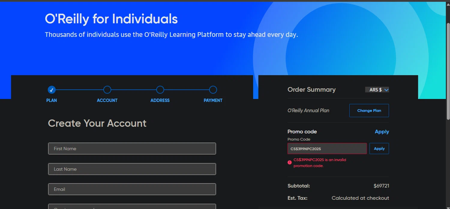 O'Reilly coupon code screenshot showing code CS$399NPC2025 applied at O'Reilly checkout page. Uploaded by SimplyCodes community member Nicoletorres on Aug 29, 2025