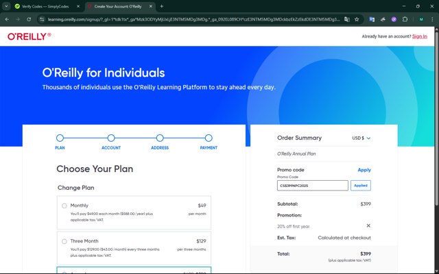 O'Reilly checkout page showing O'Reilly coupon code box | Screenshot taken by SimplyCodes community member on Jul 30, 2025