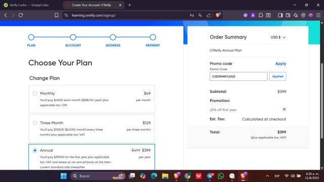 O'Reilly checkout page showing O'Reilly coupon code box | Screenshot taken by SimplyCodes community member on Aug 11, 2025