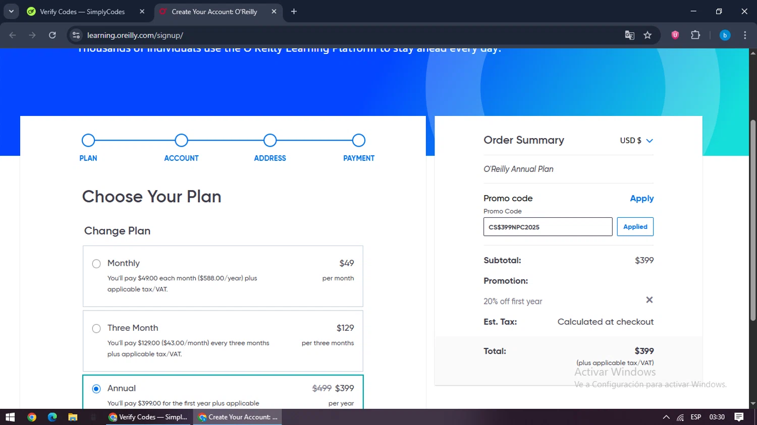 O'Reilly coupon code screenshot showing code CS$399NPC2025 applied at O'Reilly checkout page. Uploaded by SimplyCodes community member bilijr on Aug 29, 2025