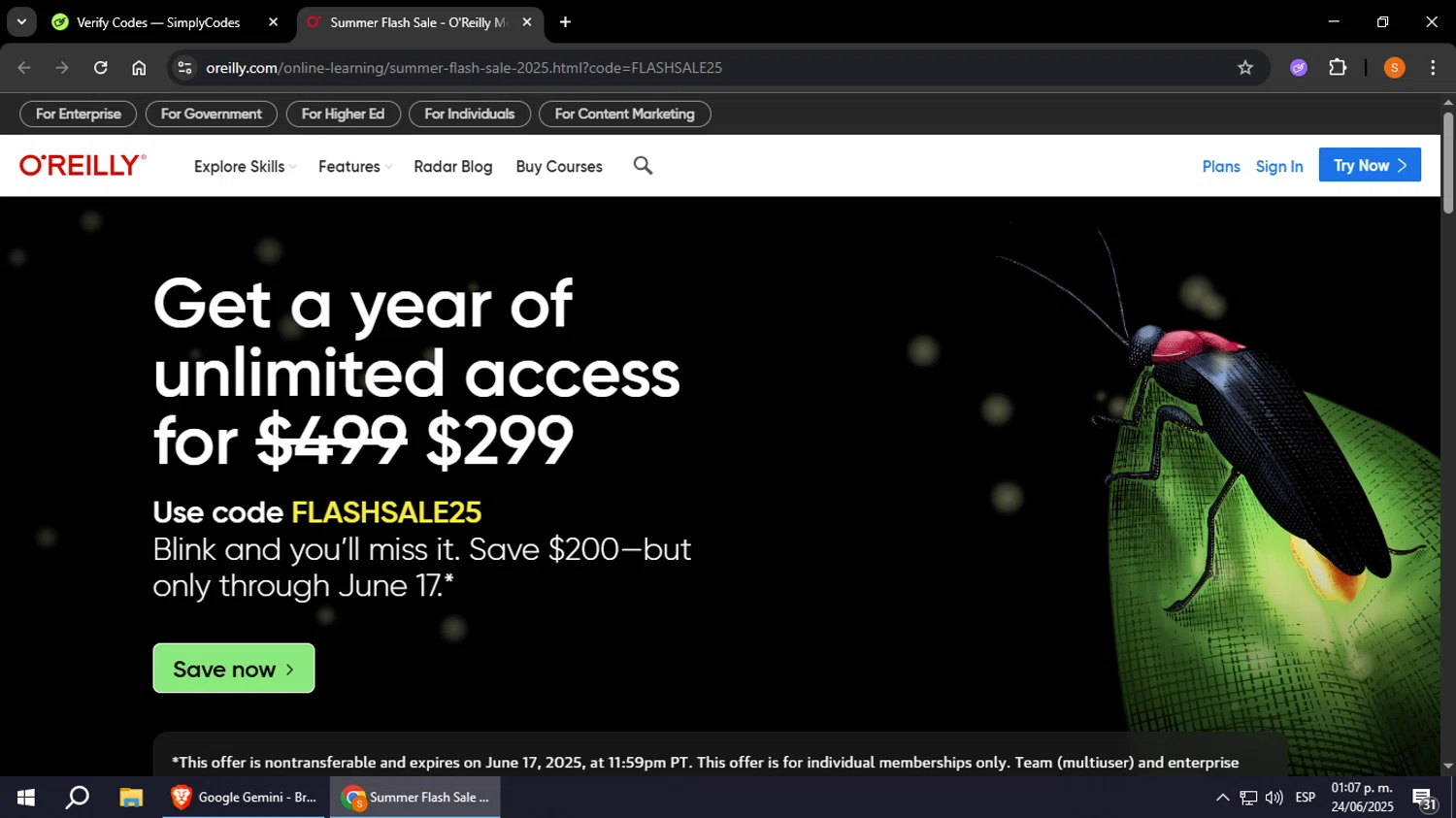 O'Reilly coupon code screenshot showing code FLASHSALE25 applied at O'Reilly checkout page. Uploaded by SimplyCodes community member StevenZarraga on Jun 24, 2025