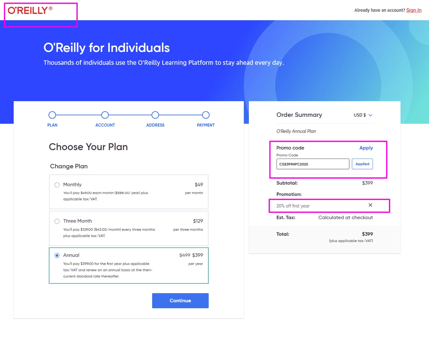 O'Reilly coupon code screenshot showing code CS$399NPC2025 applied at O'Reilly checkout page. Uploaded by SimplyCodes community member gregorioalvins on Aug 17, 2025