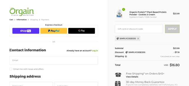 Orgain checkout page showing Orgain coupon code box | Screenshot taken by SimplyCodes community member on Mar 24, 2022