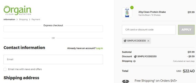 Orgain checkout page showing Orgain coupon code box | Screenshot taken by SimplyCodes community member on May 23, 2022