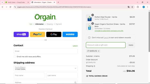 Orgain checkout page showing Orgain coupon code box | Screenshot taken by SimplyCodes community member on Mar 13, 2025