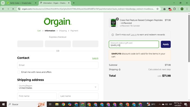 Orgain checkout page showing Orgain coupon code box | Screenshot taken by SimplyCodes community member on Apr 5, 2025