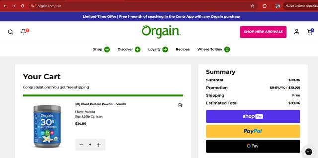 Orgain checkout page showing Orgain coupon code box | Screenshot taken by SimplyCodes community member on Jan 26, 2025