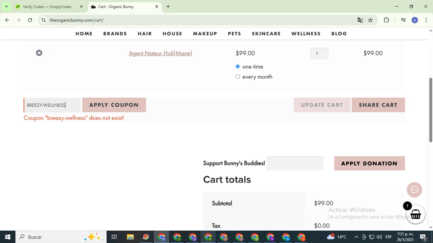Organic Bunny coupon code screenshot showing code BREEZY.WELLNESS applied at Organic Bunny checkout page. Uploaded by SimplyCodes community member TreasureCaptain5531 on May 27, 2025