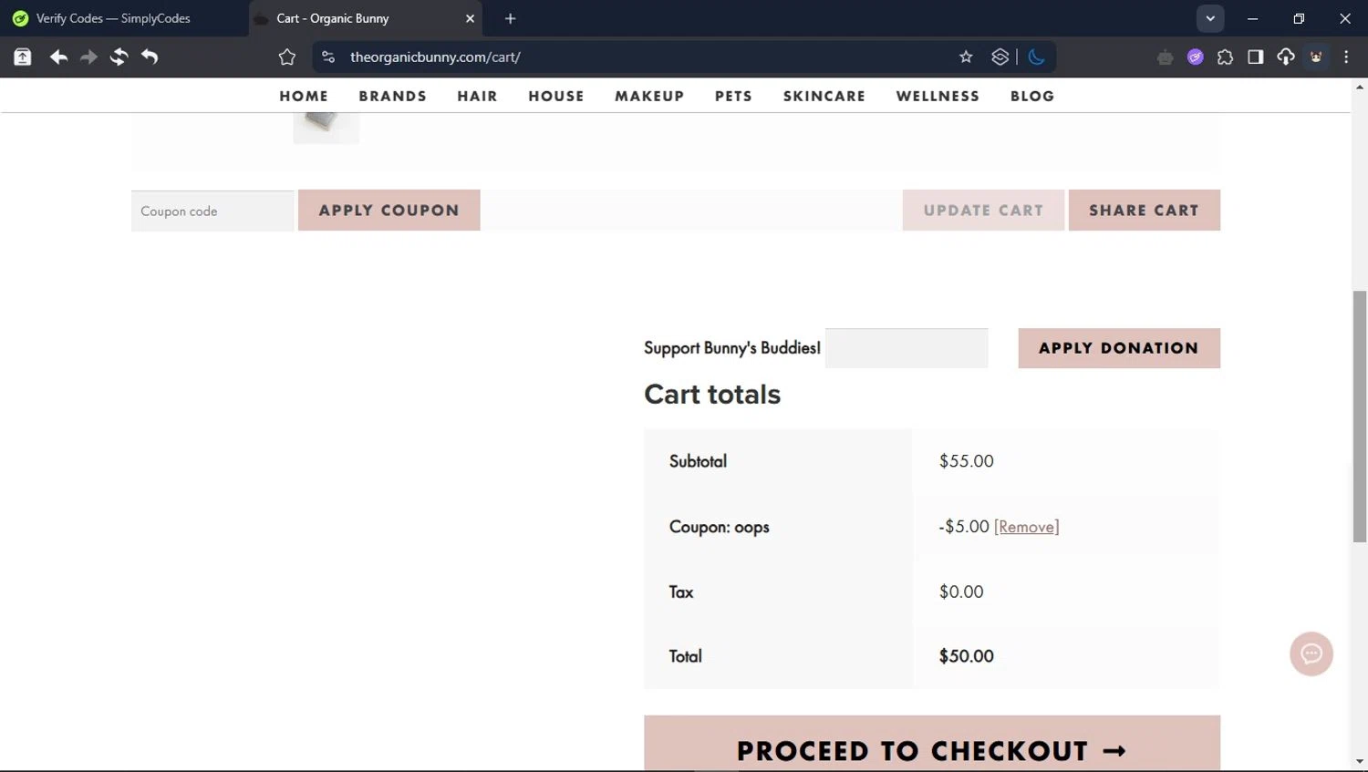 Organic Bunny coupon code screenshot showing code oops applied at Organic Bunny checkout page. Uploaded by SimplyCodes community member CleverPioneer8971 on May 20, 2025