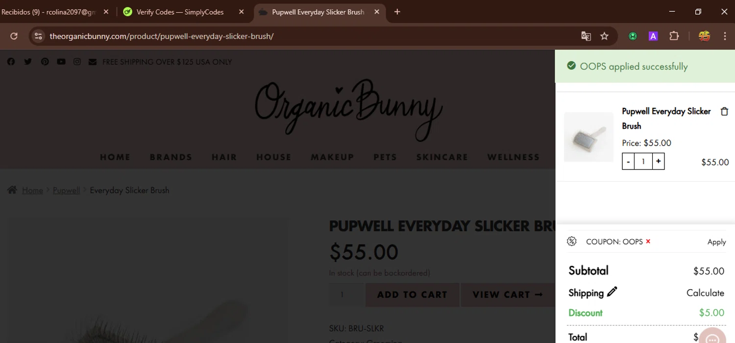 Organic Bunny coupon code screenshot showing code oops applied at Organic Bunny checkout page. Uploaded by SimplyCodes community member WonderWarden594 on May 26, 2025