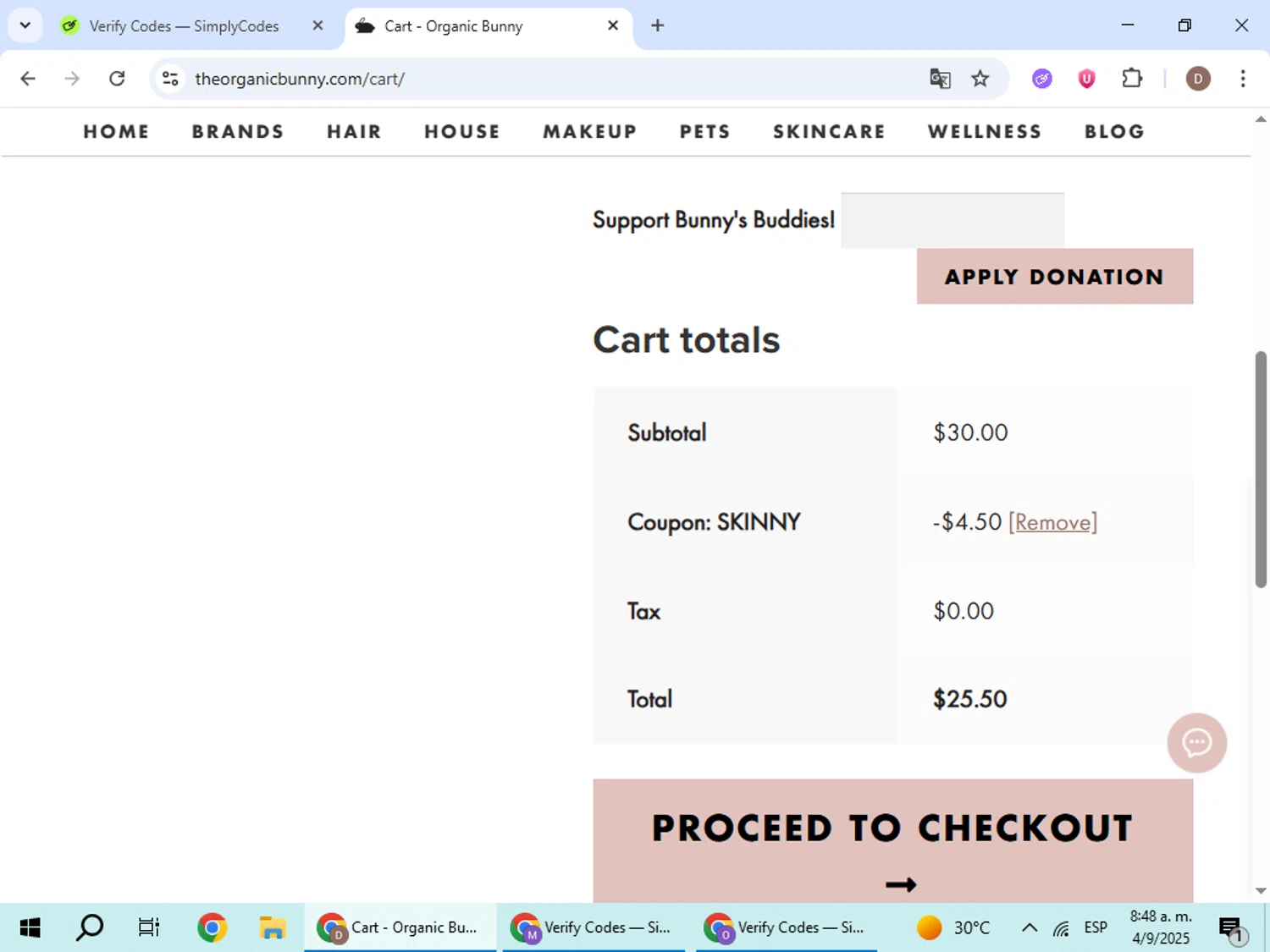 Organic Bunny coupon code screenshot showing code SKINNY applied at Organic Bunny checkout page. Uploaded by SimplyCodes community member BrilliantWizard8884 on Sep 4, 2025