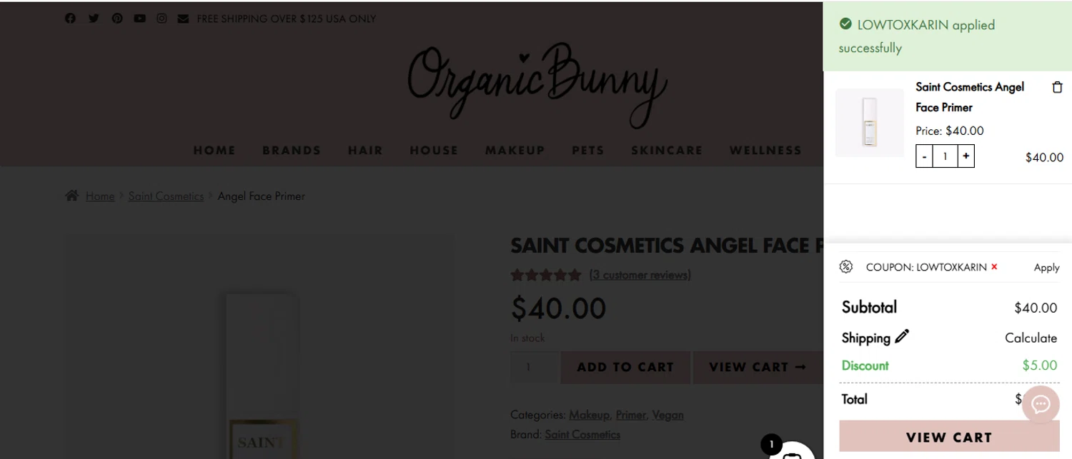 Organic Bunny coupon code screenshot showing code lowtoxkarin applied at Organic Bunny checkout page. Uploaded by SimplyCodes community member shark12 on Jul 30, 2025