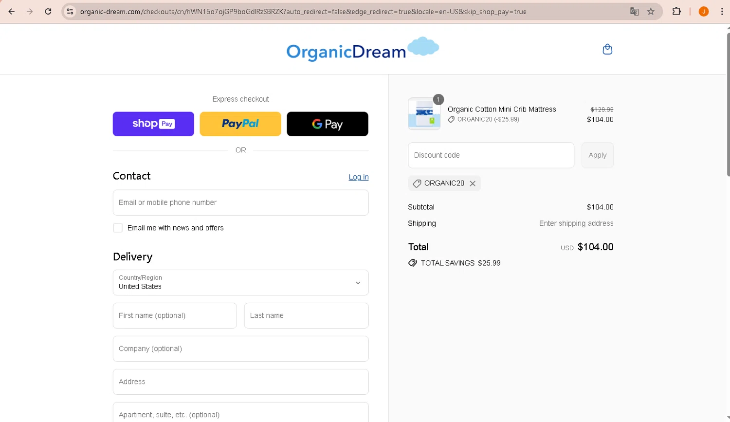 Organic Dream promo code screenshot showing code ORGANIC20 applied at Organic Dream checkout page. Uploaded by SimplyCodes community member PrimeWarden1601 on Jul 27, 2025