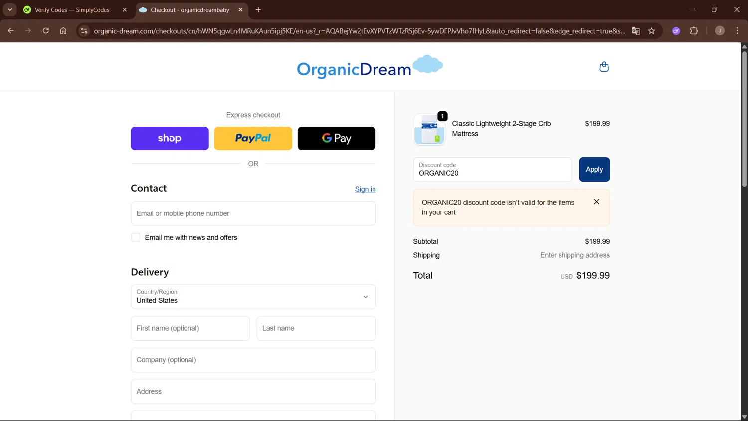 Organic Dream promo code screenshot showing code ORGANIC20 applied at Organic Dream checkout page. Uploaded by SimplyCodes community member WisePro3955 on Nov 29, 2025