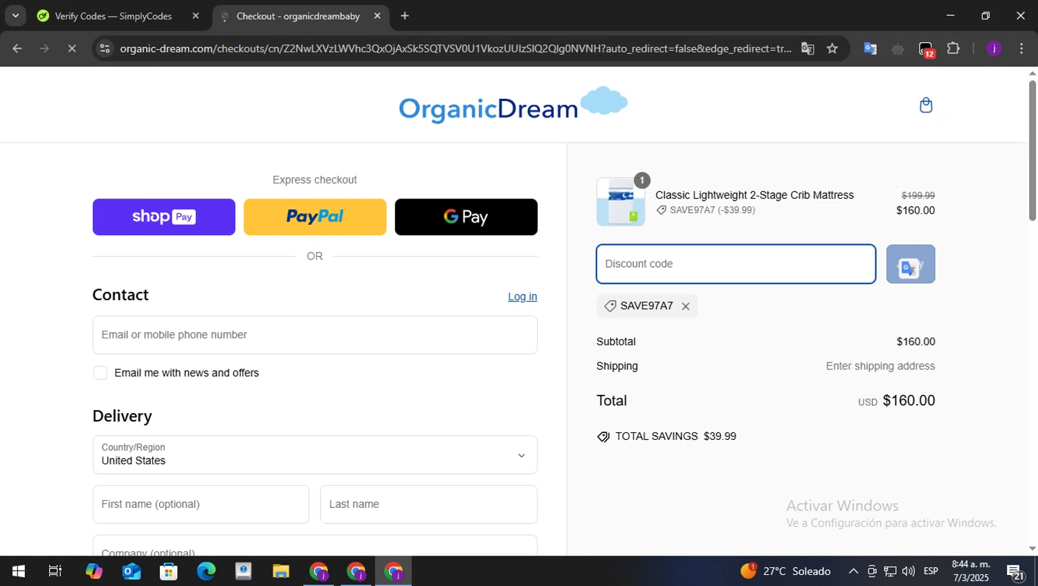 Organic Dream promo code screenshot showing code SAVE97A7 applied at Organic Dream checkout page. Uploaded by SimplyCodes community member Batman on Mar 7, 2025