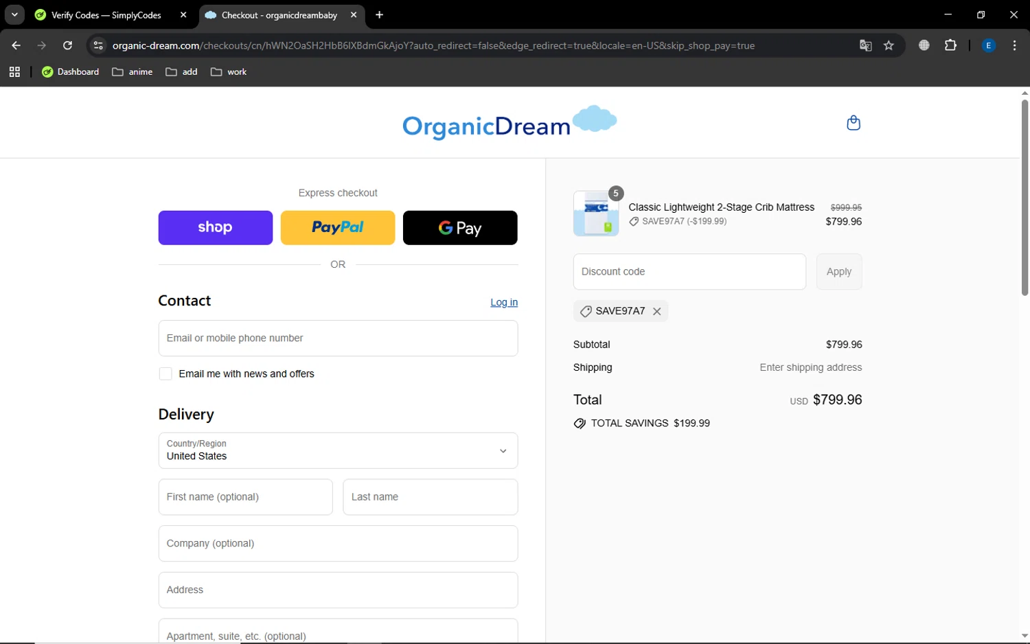Organic Dream promo code screenshot showing code SAVE97A7 applied at Organic Dream checkout page. Uploaded by SimplyCodes community member GoldSaver5472 on Aug 30, 2025