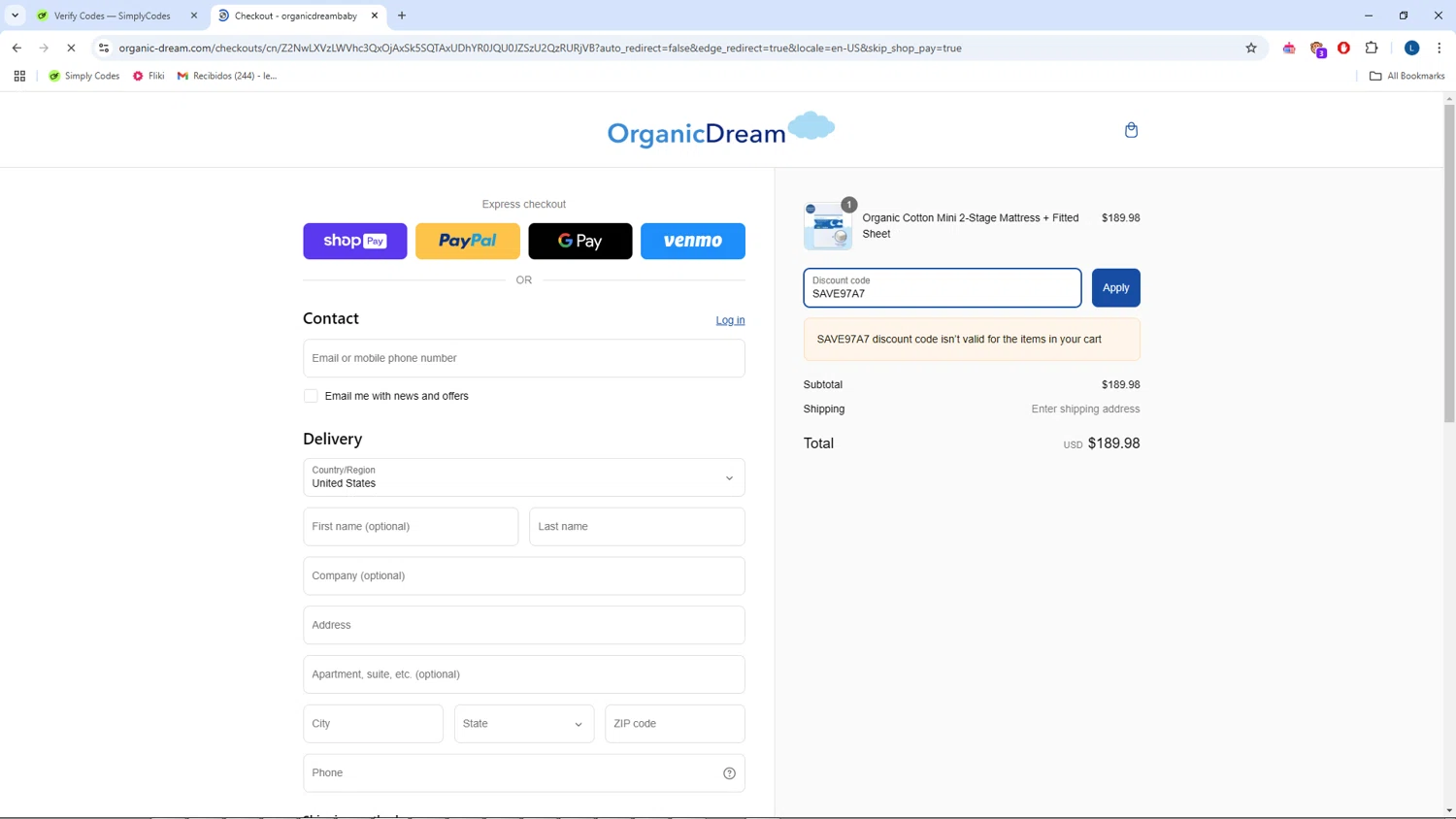 Organic Dream promo code screenshot showing code SAVE97A7 applied at Organic Dream checkout page. Uploaded by SimplyCodes community member CrownPhoenix1648 on Mar 7, 2025