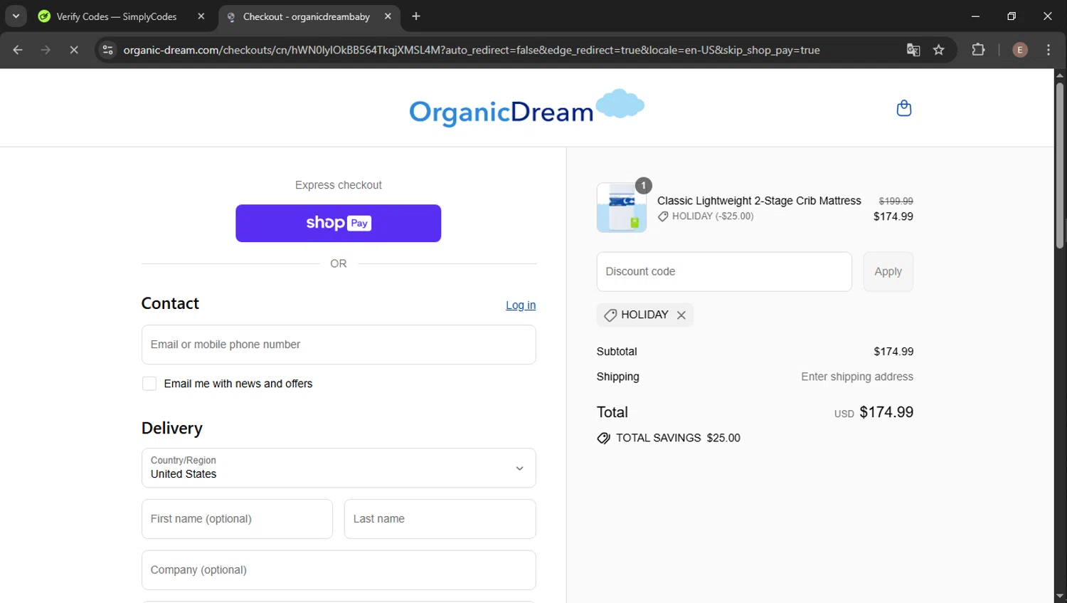 Organic Dream promo code screenshot showing code HOLIDAY applied at Organic Dream checkout page. Uploaded by SimplyCodes community member Esteban14 on Jul 18, 2025