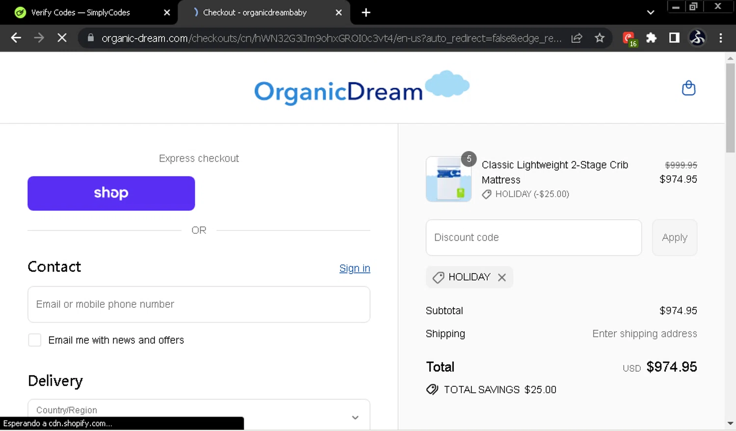 Organic Dream promo code screenshot showing code HOLIDAY applied at Organic Dream checkout page. Uploaded by SimplyCodes community member SwiftOwl697 on Sep 16, 2025