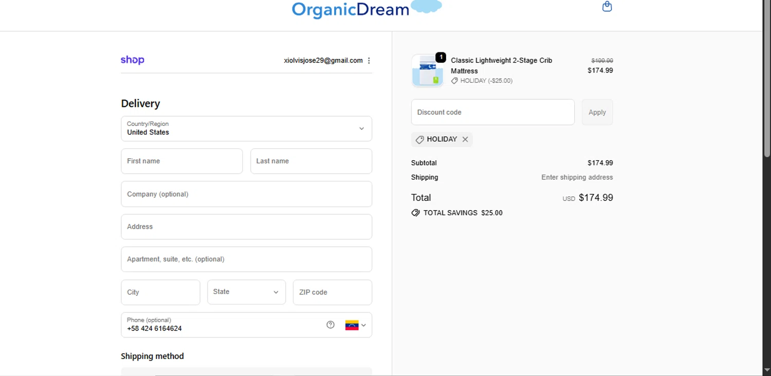 Organic Dream promo code screenshot showing code HOLIDAY applied at Organic Dream checkout page. Uploaded by SimplyCodes community member Xiooh29 on Nov 29, 2025