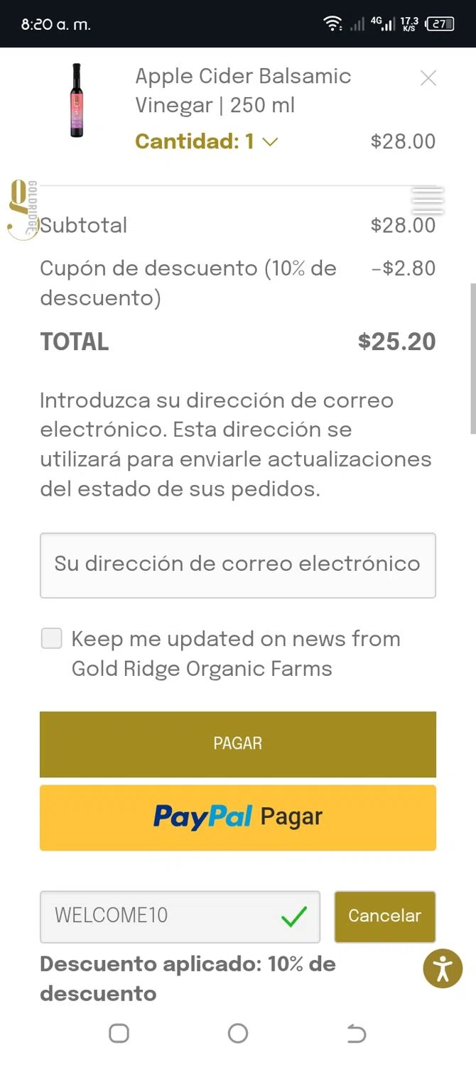 Gold Ridge Organic Farms promo code screenshot showing code WELCOME10 applied at Gold Ridge Organic Farms checkout page. Uploaded by SimplyCodes community member CleverWhiz2265 on Dec 6, 2025