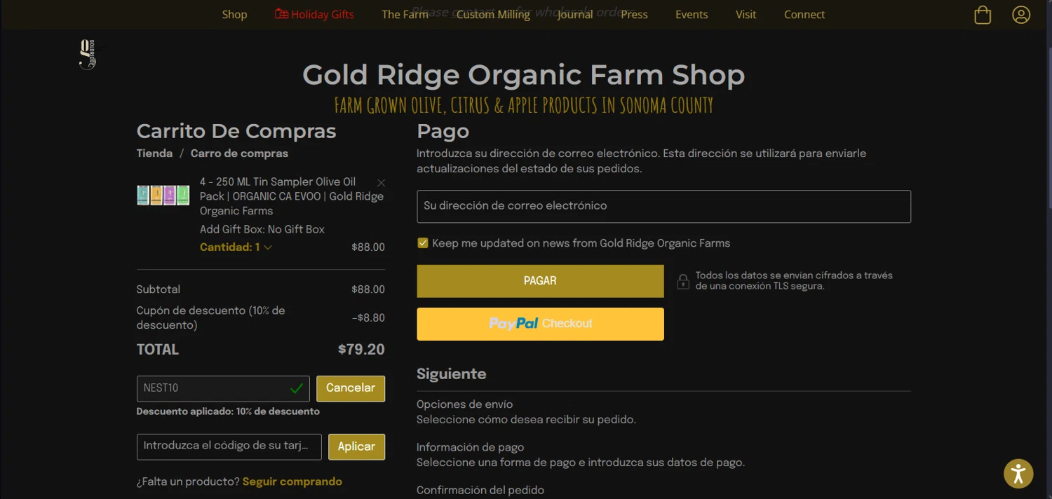 Gold Ridge Organic Farms checkout page showing Gold Ridge Organic Farms promo code box | Screenshot taken by SimplyCodes community member on Nov 8, 2024