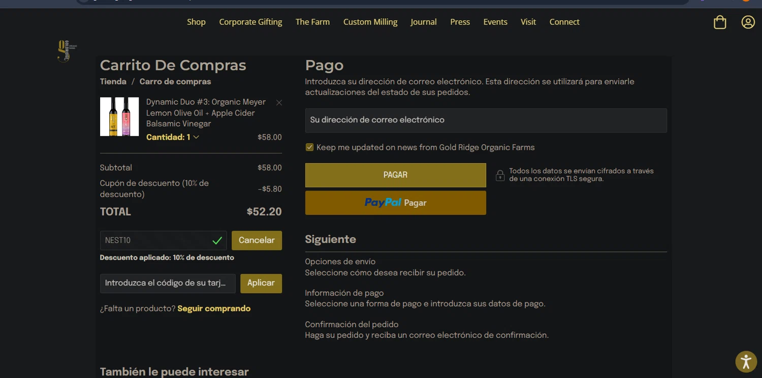 Gold Ridge Organic Farms promo code screenshot showing code NEST10 applied at Gold Ridge Organic Farms checkout page. Uploaded by SimplyCodes community member TreasureMaestro5413 on Sep 19, 2025