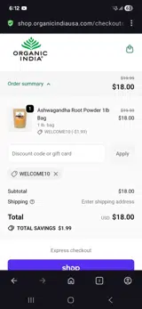Organic India coupon verification screenshot