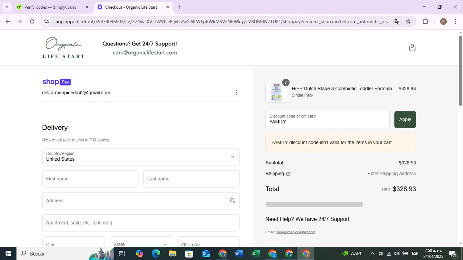 Organic Life Start discount code screenshot showing code FAMILY applied at Organic Life Start checkout page. Uploaded by SimplyCodes community member RoyalVoyager7229 on Apr 24, 2025