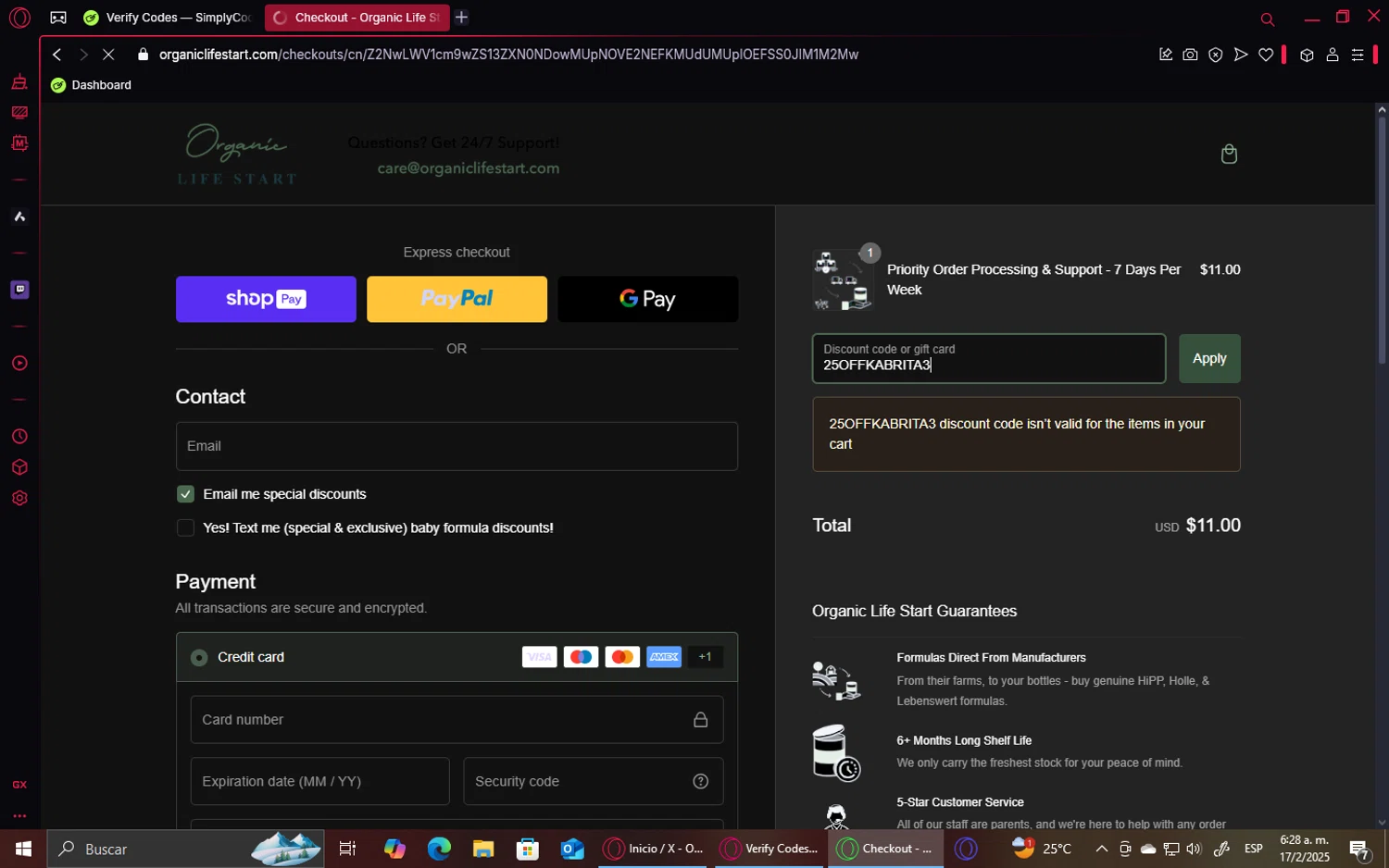 Organic Life Start discount code screenshot showing code 25OFFKABRITA3 applied at Organic Life Start checkout page. Uploaded by SimplyCodes community member GoldHawk6293 on Feb 17, 2025