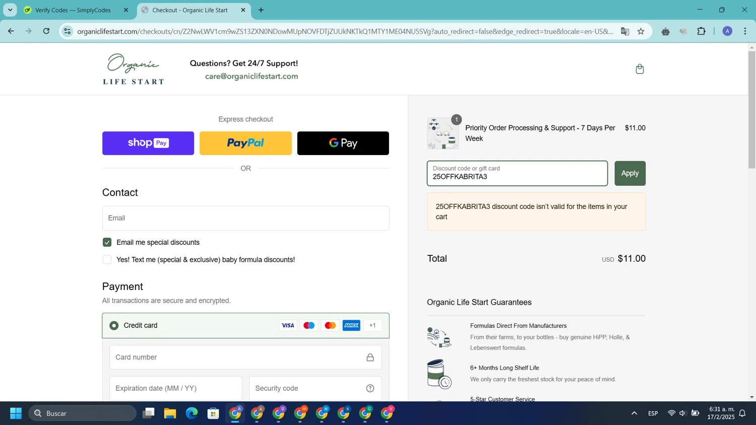 Organic Life Start discount code screenshot showing code 25OFFKABRITA3 applied at Organic Life Start checkout page. Uploaded by SimplyCodes community member DealLion9675 on Feb 17, 2025