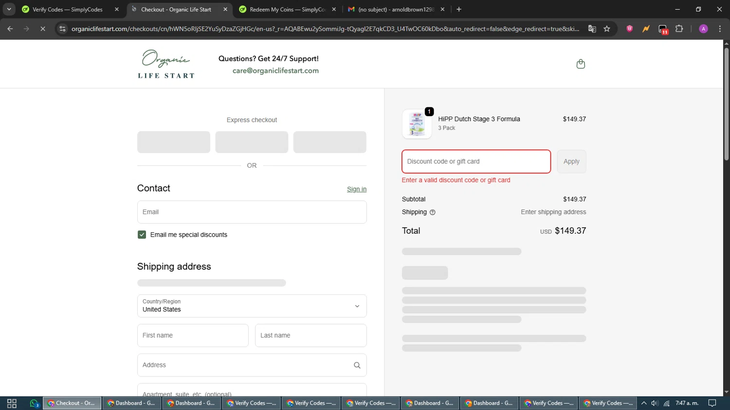 Organic Life Start discount code screenshot showing code BF2025 applied at Organic Life Start checkout page. Uploaded by SimplyCodes community member CouponScout5403 on Nov 28, 2025