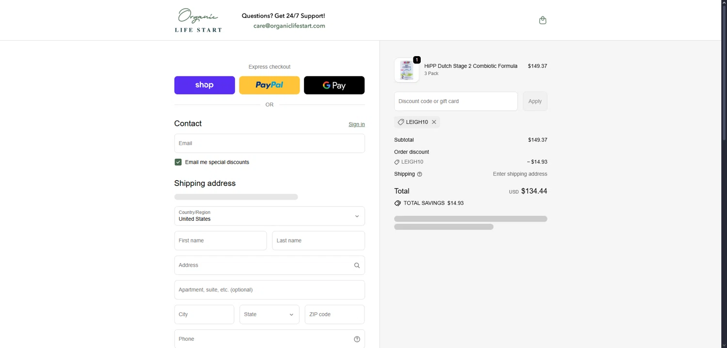 Organic Life Start discount code screenshot showing code LEIGH10 applied at Organic Life Start checkout page. Uploaded by SimplyCodes community member Dorothy on Sep 26, 2025
